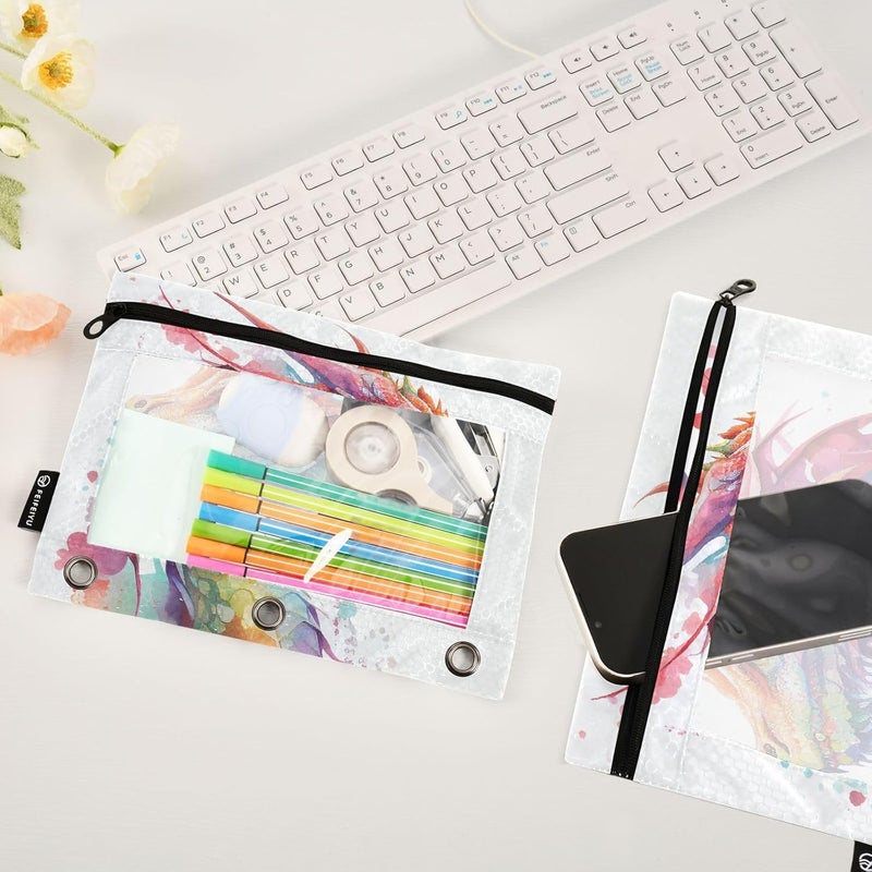 BOENLE Watercolor Dragon Pencil Pouch for 3 Ring Binder, 2 Pack Waterproof Pencil Bags Clear Window Zipper School Office Supplies - Image 5